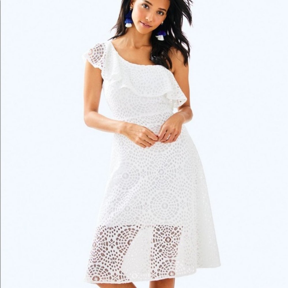 Lily Pulitzer One shoulder Dress with sea urchin terry lace